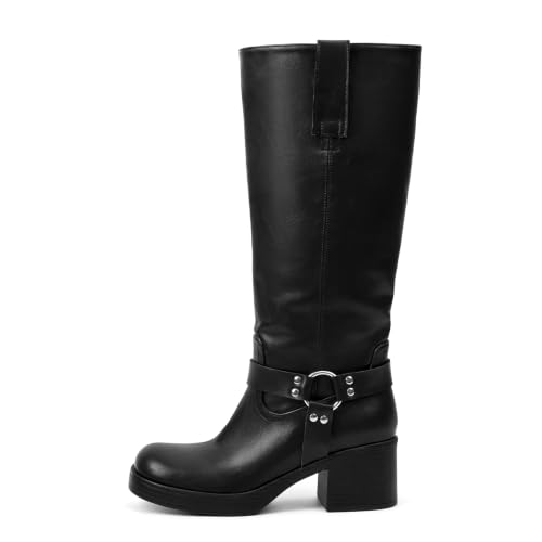 Image of Women's Knee High Riding Boots Chunky Heel Wide Calf Motorcycle Boots with Side Zipper