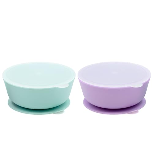 Image of WeeSprout Suction Bowls for Baby & Toddlers (Set of 2) - 100% Silicone w/Plastic Lid - Leak Proof Feeding Supplies - Dishwasher & Microwave Safe Infant Dinnerware w/Extra Strong Base