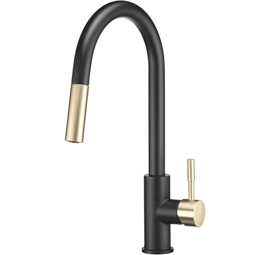 Image of Dura Faucet RV Streamline Single Handle Pull-Down Kitchen Sink Faucet - Optional Deck Plate (Matte Black /Matte Gold)
