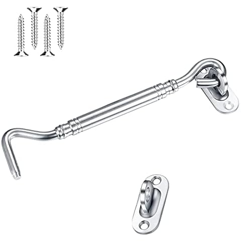 1PCS Stainless Steel Cabin Hook and Hook and Eye Latch, 6 Inch shed Door Latch Heavy Duty, gate Latch for Wooden Gates,Window Brace Gate Door Catch Silent Holder, Silver Cover