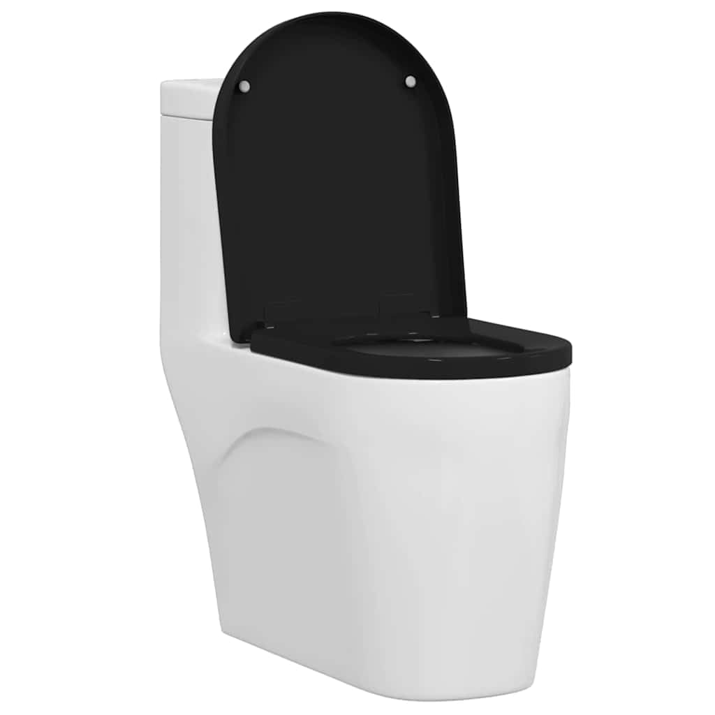 Toilettensitz schwarz aus Polypropylen, 48 x 36,5 x 4,5 cm, mit Edelstahl Scharnier, Innenbereich, einfache Montage, hygienisch, langlebig, passend für modernes Bad und Renovierung