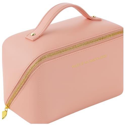 Bolsa Organizador Necessaire Feminina Porta Maquiagem Cosmético Perfume Higiene Viagem Com Alça Couro Sintético (Rosa)