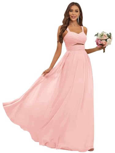 Image of JKMMYO Chiffon Bridesmaid Dresses for Women Long Empire Waist Pleated Formal Wedding Guest Gown
