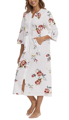 Image of Zipper Robes for Women 3 /4 Sleeve Housecoats Long Lightweight Bathrobe House Dress with Pockets
