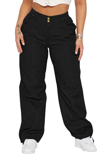 Pink Queen Women High Waisted Cargo Pants Relaxed Fit Wide Leg Jeans Combat Military Trousers with Pockets