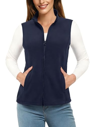 TACVASEN Damen Fleece Vest Outdoor Ärmellos Gilets Warm Fleeceweste mit Reißverschluss Taschen Sportweste für Frauen Blau XL