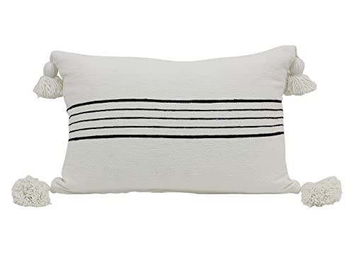 Funda de cojín con pompones, color blanco marroquí y negro de algodón puro, hecho a mano, 60 x 40 cm, 61 x 40 cm Cover