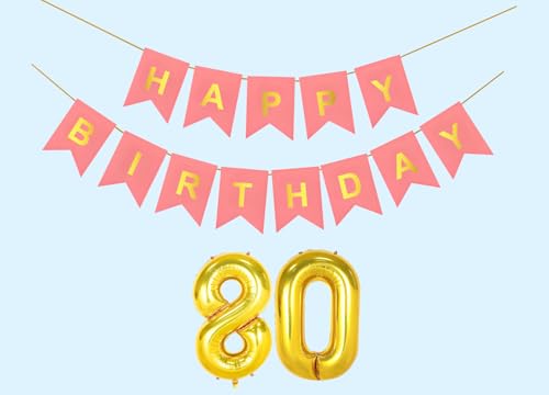 Image of 80th Happy Birthday Decoration Kit Light Pink for 80 year Old Men with Number Eighty Party Decorations Decor Celebration Items Item Set Combo Reusable Paper Banner