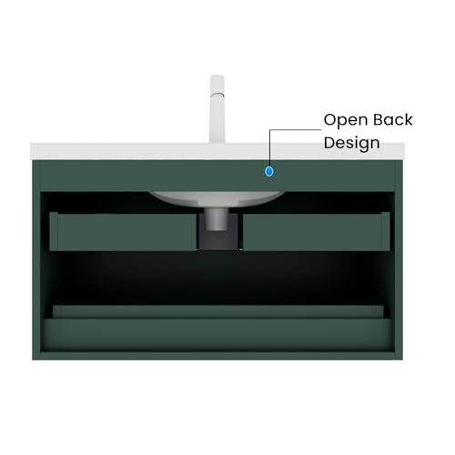 Image of Floating Bathroom Vanity with Sink, 36 inch Bathroom Storage Cabinet with Curve Design Ceramic Basin & 2 Soft-Close Drawers, Wall-Mounted Vanity with Large Storage Space & Black Handle, Green