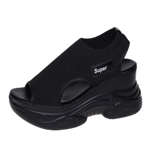 Summer Women Sandals, Wedge Open Toe Platform Sandals Casual Mesh Thick Soled Comfortable Sport Sandals (Black,6.5-7)