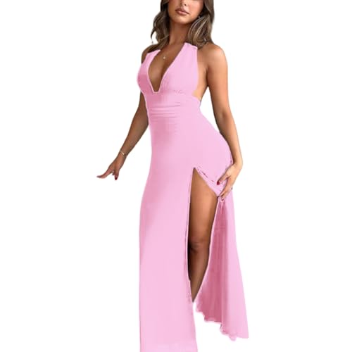 Image of ANKOMINA Women's Sexy V Neck Halter Backless Maxi Dress Ruched High Split Long Bodycon Dresses for Party Cocktail Evening