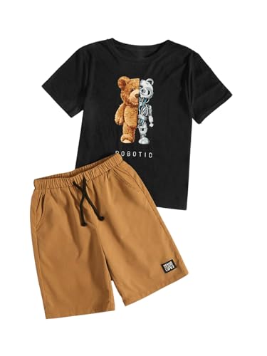 Image of Floerns Boy's 2 Piece Outfits Cartoon Graphic Tee and Drawstring Waist Shorts Sets with Pocket