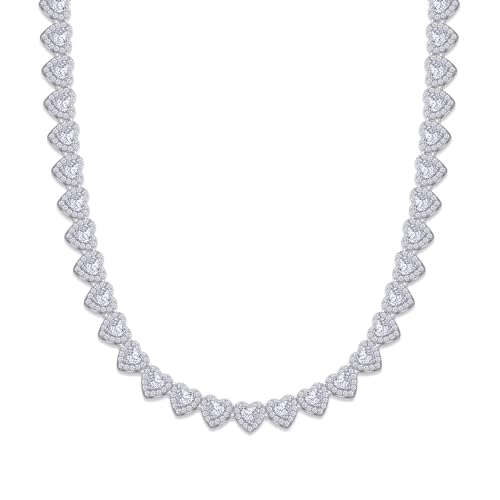 Tennis Heart Link Chain Necklace for Women, Lab Created Moissanite Diamond in 18K Gold Over Sterling Silver, Jewelry Gifts for Her (17