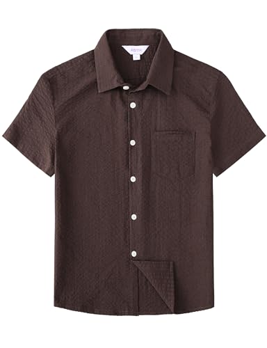 AOTIK Boys Linen Shirts Casual Button Down Shirt Short Sleeve Solid Button Up Shirt with Pocket for Kids 12 Light Purple