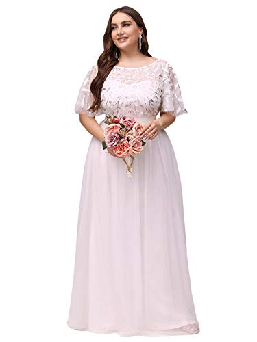 Ever-Pretty Plus Vestido de Novia Lentejuelas Manga Corta A-línea Corte Imperio Talla Grande para Mujer Blanco 54