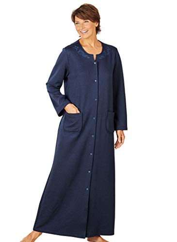 AmeriMark Women's Long Robe Lounger Long Sleeves Snap Front Quilted Embroidered Sapphire LG