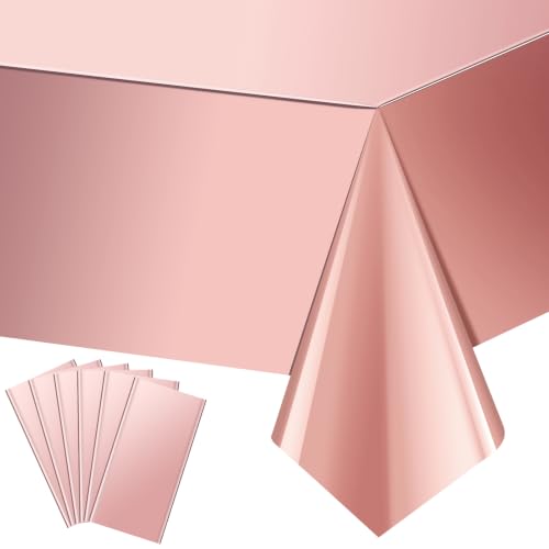 Image of 6 Pack Rose Gold Plastic Tablecloth, Dusty Pink Disposable Rectangle Table Covers, Holographic Metallic Foil Tablecloth Rose Party Supplies Decorations for Birthday Wedding Bachelorette, 54x108Inch