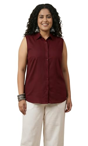Image of Women Plus Size Sleeveless Button Down Shirt Polyester Formal Office Casual Wear Classic Fit Professional Shirt