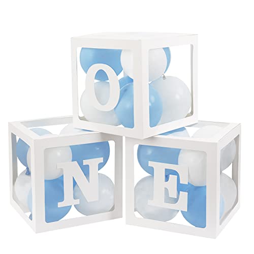 Image of RUBFAC One Boxes for 1st Birthday, First Birthday Decoration for Boy, 3pcs Baby Shower Boxes with 24pcs Balloons ‘ONE’ ‘TWO’ Letters for Birthday Backdrop Photoshoot Props Anniversary