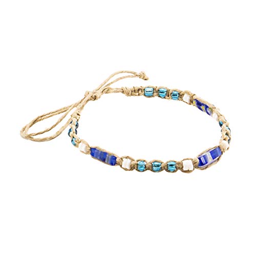 Pulsera tobillera de cáñamo con conchas puka y cristal de Murano azul 3