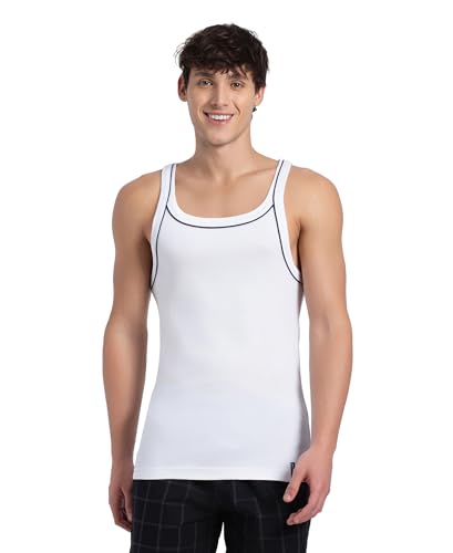 Image of Jockey US54 Men's Super Combed Cotton Rib Square Neckline Gym Vest with Back Panel Graphic Print (Shoulder Starp Color May Vary)