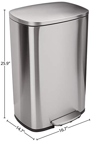 AmazonBasics Rectanglular, Stainless Steel, Soft-Close, Step Trash Can, 50 Liter /13.2 Gallon, Satin Nickel