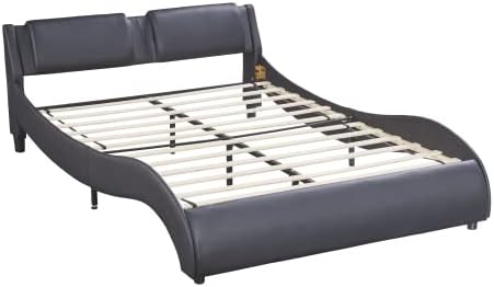 Miniatura 5 de Marco de cama matrimonial con luces LED, moderno marco de cama LED de bajo perfil con cabecero, marco de cama tapizado de piel sintética ondulada de