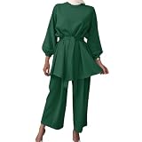 Abayas for Women Islamic Prayer Dress - 2 Piece Long Sleeve Loose Top Wide Leg Pants Outfit Dubai Turkish Muslim Clothes Dark Green M
