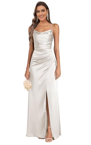 Women's Cowl Neck Satin Bridesmaid Dresses for Wedding Mermaid Spaghetti Straps Long Formal Prom Gown with Slit