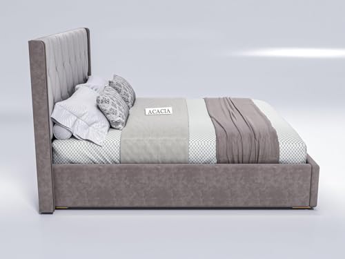 Image of Modern Upholstered Queen Size Bed with Hydraulic Storage for Bedroom | Wooden Double Beds for Home & Hotels | Platform Cot Bed with Upholstery Fabric, 6.5 x 5 Ft | Sheesham, White-Brown