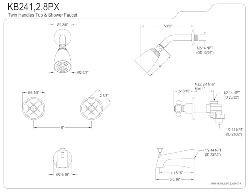 Grifería para bañera y ducha Kingston Brass KB241PX con manijas cruzadas de porcelana, acabado cromado pulido, alcance de pico de 5 pulgadas miniatura 2