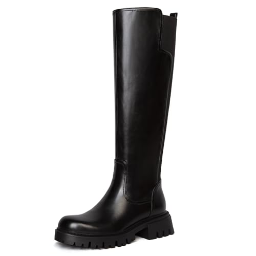 Bouwno Black Platform Knee High Boots Women Comfortable Stretch Round