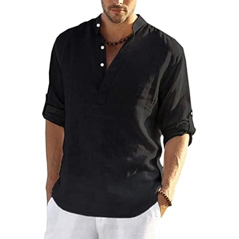 DAIHAN Men's Cotton Linen Henley Shirt Long Sleeve Hippie Casual Beach T Shirts Lightweight Summer Tops Loose Blouse Tunic,Black,XL Cover