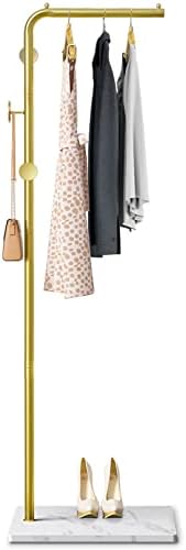 VEKOID Metal Coat Rack Freestanding with Natural Marble Base, Entryway Coats Hanger Stand with 3 Hooks, Home Hotel Hall Tree for Coats, Hats, Scarves, Clothes, and Handbags (Light Gold)