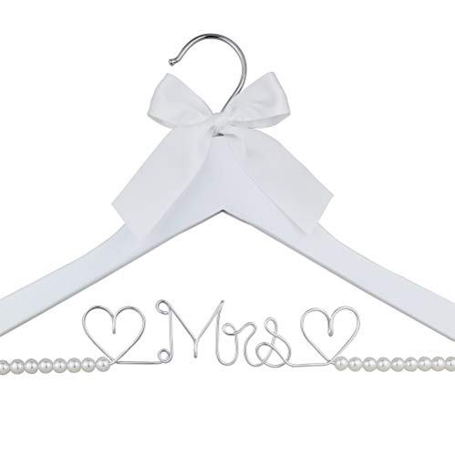 Bridal Dress Hanger Solid Wood Dress Hangers Mrs Letter Hanger Wedding Gift (White Coat Hanger Silver Thread Pearl)