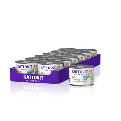 KATTOVIT - Thyroid Nassfutter für Katzen | Katzen-Nassfutter als Alleinfuttermittel in der Dose. Diätfutter für ausgewachsene Katzen zur Unterstützung der Schilddrüsenfunktion | 12 x 185 g Huhn