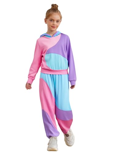 TiaoBug Kids Girls Long Sleeve Color Block Hoodie with Sweatpants 2 Piece Tracksuit Casual Streetwear