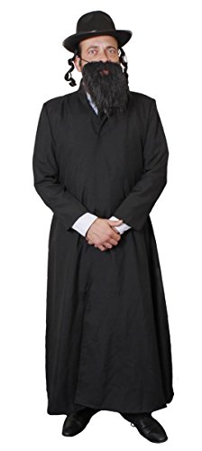 Unknown Adult Rabbi Costume - Black Duster Coat + Hat with Hair Curls + Fake Beard - XL