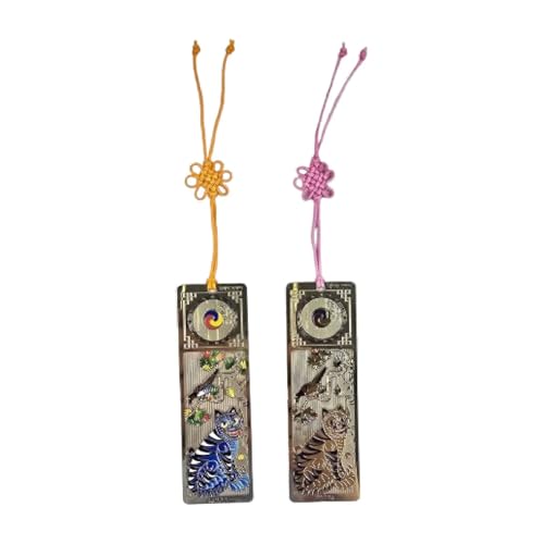 Korean Tiger & Magpie Bookmark 2 Pack, Traditional Metal Minhwa Book Marker with Knot String,...