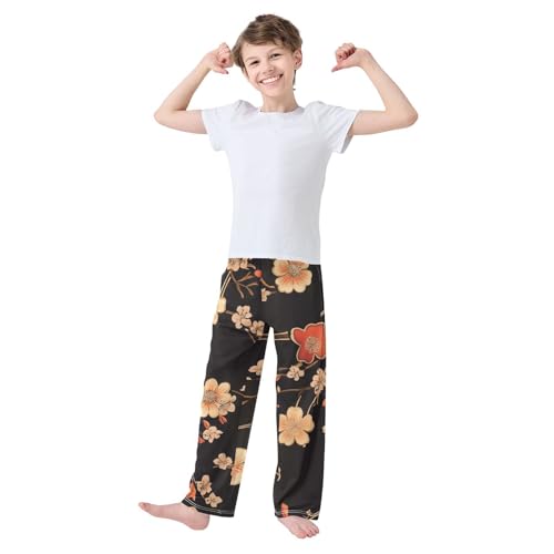 Winter Plum Tree Boys Long Pants Soft Trousers Elastic Waist Kids Lounge Bottoms with Pockets S-XL3