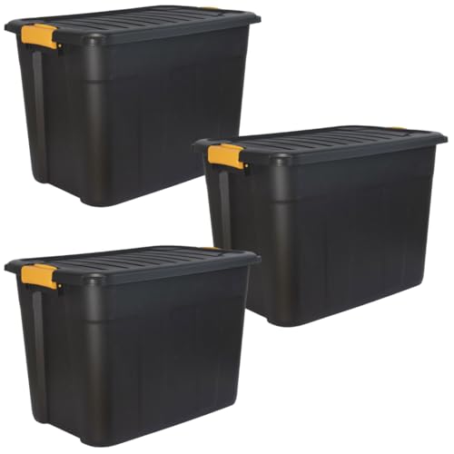 DANIEL JAMES Housewares Heavy Duty Storage Box with Lid - Large Plastic Stackable Storage Boxes with Clip Handles - Lockable BPA Free Indoor Outdoor Garage Storage Trunk Box - 3 Pack Black 20l