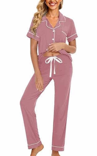 Image of WJing Yi Jia Womens Soft Pajamas Set XS-XXL Button Down Sleepwear Short Sleeves Pajama sets with Long Pants Pj Set Nightwear