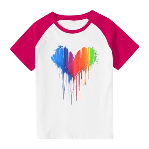 Girls Rainbow Print Cute Tops Color Block Loose Raglan Crewneck Summer T-Shirts Kids Basic Short Sleeve Tees for 3-14 Years