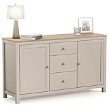 CHRISTOW Sideboard Storage Cabinet with Oak-Effect Top, 3 Drawers & 2 Cupboards with Adjustable Shelves, Living & Dining Room Furniture, Sturdy MDF, Matte Painted Pebble Finish, H79 x W137 x D40cm