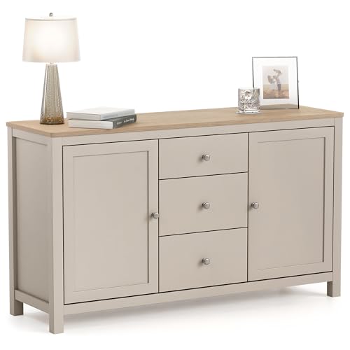 CHRISTOW Sideboard Storage Cabinet with Oak-Effect Top, 3 Drawers & 2 Cupboards with Adjustable Shelves, Living & Dining Room Furniture, Sturdy MDF, Matte Painted Pebble Finish, H79 x W137 x D40cm