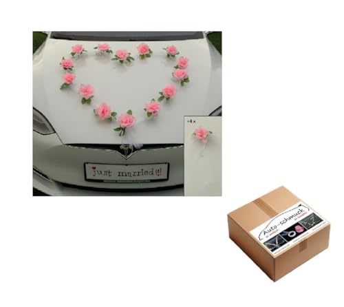 Organza Herz Auto Schmuck Braut Paar Rose Deko Dekoration Autoschmuck Hochzeit Car Auto Wedding Deko Girlande PKW (Rosa/Weiß)
