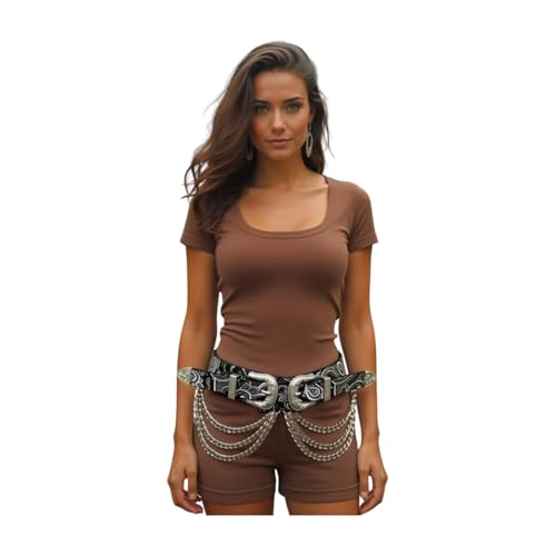 Women Western Fashion Wide Paisley Belt Black Faux Leather Silver Double Buckles Chain S Mz219