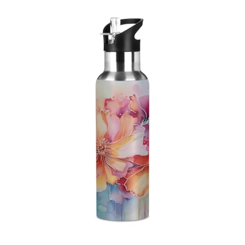 Entemne Ombre Art Painting Poppy Flower Insulated Water Bottle with Straw 600ml Kids Water Bottles Leakproof Stainless Steel Vacuum Bottle for Boys Girls Adult Outdoor Sports Thermos Flask