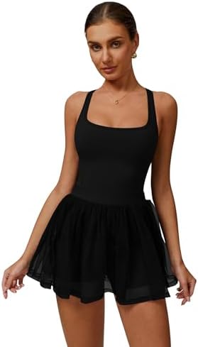ABOCIW Womns Square Neck Mesh Hem Tennis Dress Built in Bra and S...