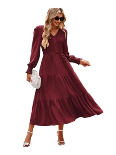 Kate Kasin Strickkleid Damen Langarm Pulloverkleid A Linie Winter Hochzeitkleid mit Taschen Festlich Partykleid Abendkleider Rot M